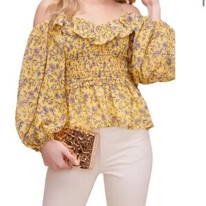 ASTR the Label Butter Yellow Ruffle Off the Shoulder Smocked Top Blouse